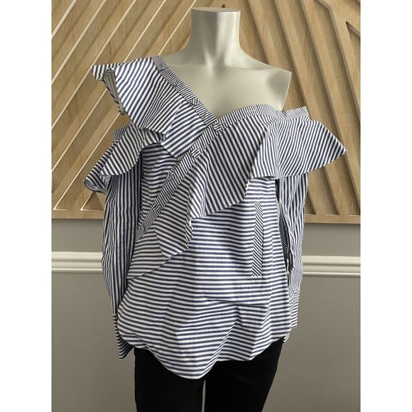 SELF-PORTRAIT Striped Off Shoulder Asymmetric Frill Shirt - Size 2 - Picture 2 of 12